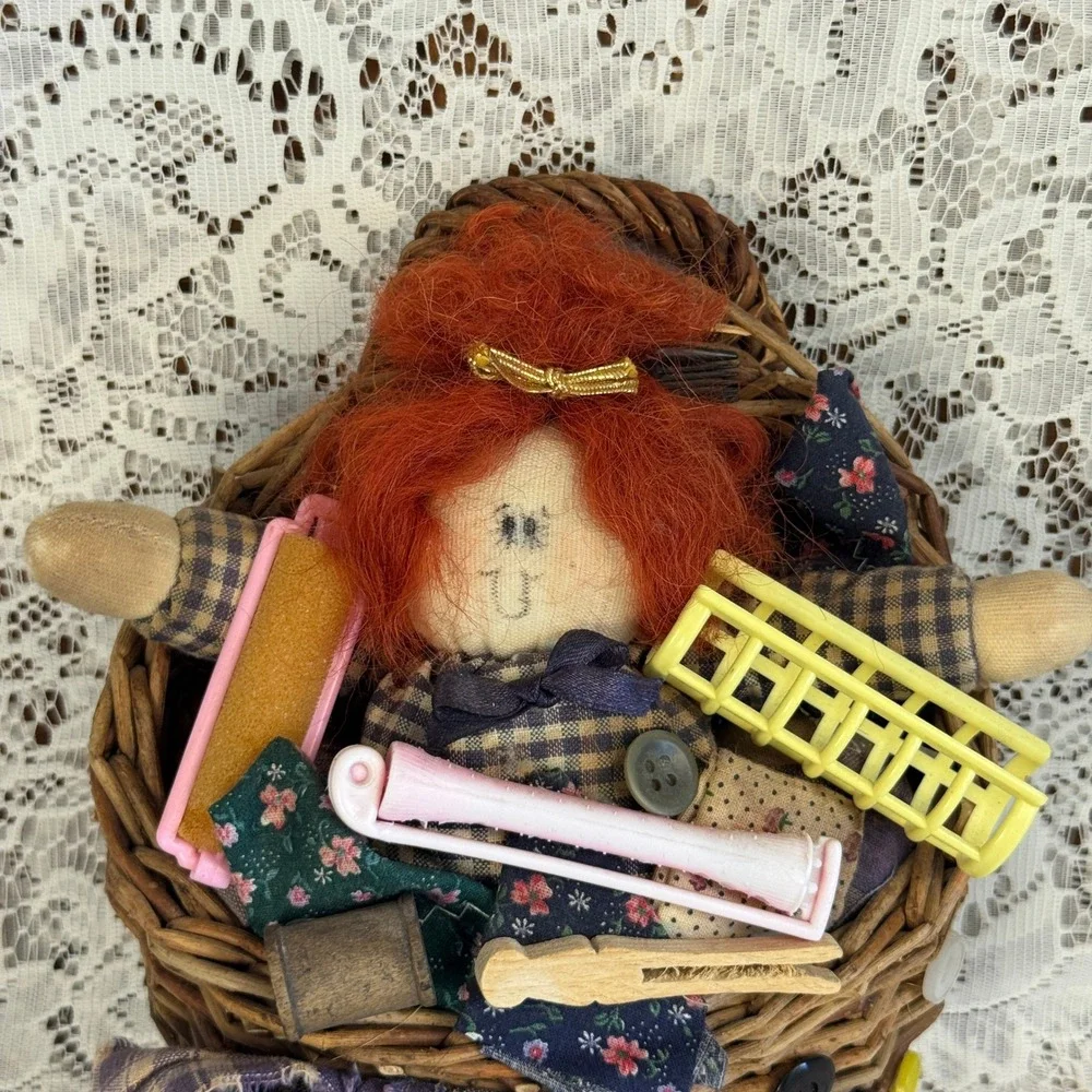 Primitive Country Rag Doll Wicker Wall Basket Farmhouse Decor Laundry Notions
